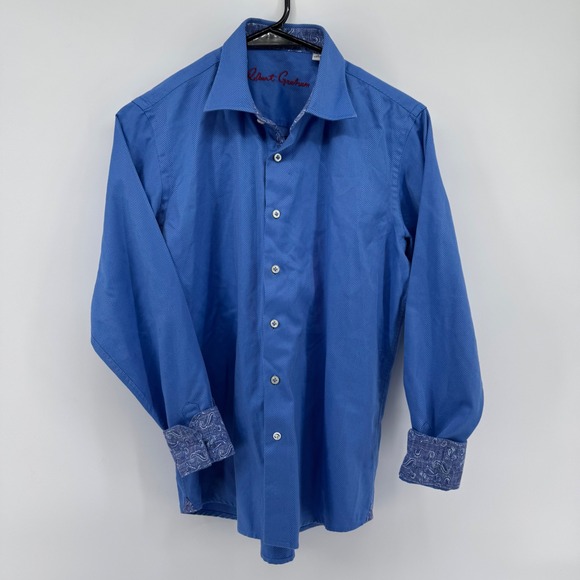 Robert Graham Kids Blue Herringbone Paisley Trim Button Down Shirt Size L - Picture 3 of 11
